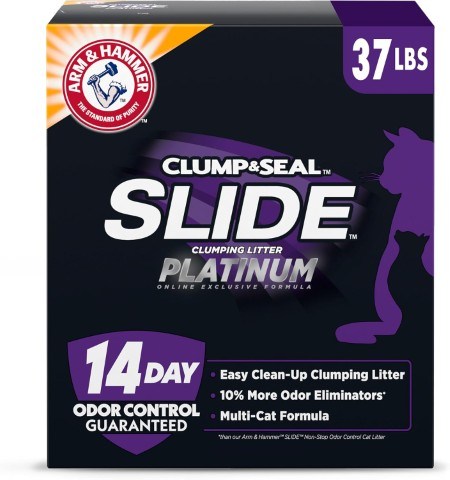 ARM & HAMMER Clump & Seal SLIDE Platinum Multi-Cat Clumping Cat Litter, 14-Day Odor Control, EZ Clean Technology, 37 lbs – No Scrubbing, Powerful